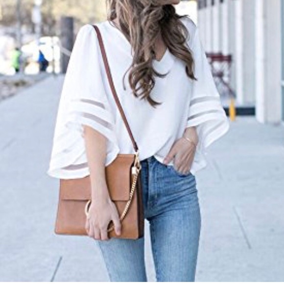 NWT V Neck Mesh Blouse 3/4 Bell Sleeve Loose Top - Picture 4 of 8